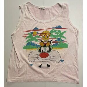 VTG USA Made Single‎ Stitch B.J. Frog Tweety Sylvester Beach Tank Top Pink M